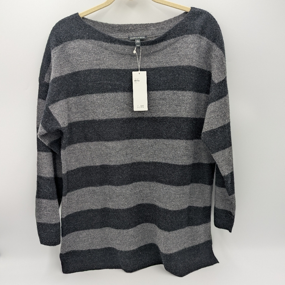 Eileen Fisher Lagenlook Felted Merino Wool Striped Sweater $238 Cozy Relaxed NWT